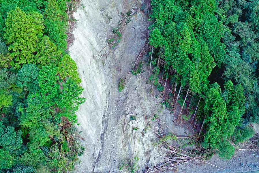 人の立ち入りが難しい場所にも空からアクセス。災害時、危険箇所での測量が安全に実施できる。
